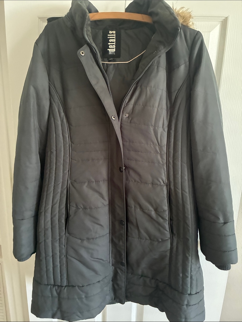 INTL Details Gray Quilted Winter Coat Faux Fur Hood Long Puffer Jacket Size L
